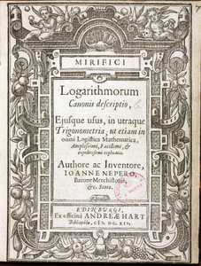 1614年にエジンバラ（スコットランド）で出版されたマーキストン男爵ジョン・ネイピア（1550-1617）の「Mirifici logarithmorum canonis descriptio」（対数の驚異的な規範）のタイトルページ 作： Unbekannt