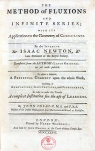 1736年にロンドンで出版されたアイザック・ニュートンの『フラックスと無限級数の方法』（1642～1727年）のタイトルページ。科学に大きな影響を与えた主要な理論である二項定理、三大万能運動法則、そして 作： Unbekannt