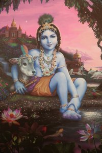 ヒンドゥー教の神、クリシュナの子供時代を描いた絵画。インド 作： Unbekannt