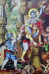 ヒンドゥー教の神、クリシュナが子供の頃に兄弟と遊んでいる様子を描いた絵画。インド 作： Unbekannt