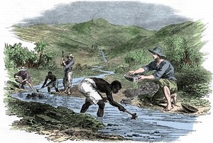 1849年のカリフォルニアゴールドラッシュでの金のパンニング 作： Unbekannt