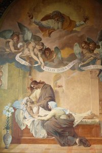 フランス・パリ サン・フランソワ・ザビエル教会の絵画。アンリ・ピンタ作「聖ヨセフの死」（1915年）、パリ、フランス 作： Unbekannt