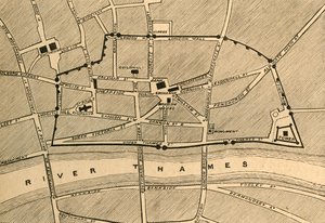 現代のロンドンの一部で、1897年に古代の壁を示しています。