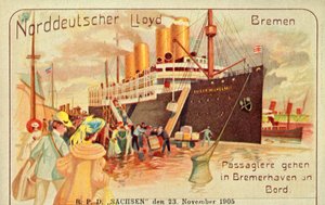 乗客は1905年、ブレーマーハーフェンで巨大なSSカイザーヴィルヘルムII号に乗船しました。