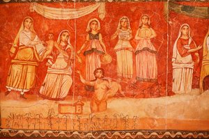 ファラオとモーセの幼少期」デュラ・ユーロポス・シナゴーグのフレスコ画、244-245年、ダマスカス国立博物館所蔵。ニューヨークのユダヤ博物館で開催された展覧会での写真。 作： Unbekannt