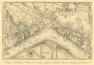 ウェストミンスターの計画。ノルデンス調査より、エリザベス女王治世、1593年、1881年に撮影。 作： Unbekannt