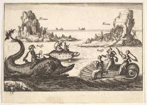 プレート15：川と女神、浮き島が極旗手、女性の姿に導かれて...、1664年。 作： Unbekannt