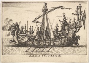 プレート1：ヘラクレスの船Barcha del Hercole、竜の頭の船首とヘラクレスが…、1664年。 作： Unbekannt