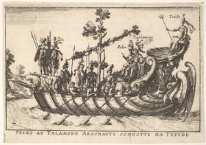 プレート 7: テティデスのアルゴナウタイに率いられたペレウスとタラモネ、1664 年の壮大なページェントより。 作： Unbekannt