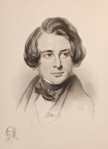 チャールズ・ディケンズの肖像。ディケンズの妹ファニーのスケッチ、左下、1842年。 作： Unbekannt