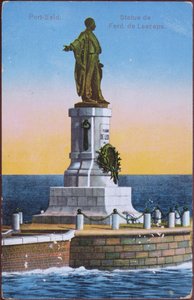 ポートサイド港のフェルディナンド・デ・レセップス像を描いた絵葉書 20世紀初頭（カラーリトグラフ）（写真後 作： Unbekannt