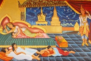 Preah Prom Rath MonasteryLife of Buddhaしばらくの間、王子は宮殿の生活に戻りましたが、それを楽しむことはありませんでした。妻のヤソダラーが息子を産んだという知らせも、彼を喜ばせるものではありませんでした。その子はラーフラと呼ばれました。 作： Unbekannt