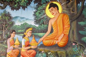 Preah Prom Rath MonasteryLife of BuddhaThe Renunciationある朝、スジャータという少女がシッダールタに美味しいミルクライスのお粥を差し出した（カンボジア・シェムリアップ 作： Unbekannt