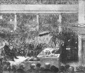 王立研究所で講義しているファラデー教授... 1856年、1901年。 作： Unbekannt