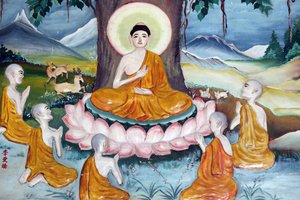 Quan The Am Bo Tat寺院（観音菩薩のパゴダ）。釈迦牟尼仏が5人の弟子に説法（法輪）を説いている。ブンタウ。ベトナム 作： Unbekannt