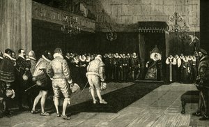 エリザベス女王、1890年の聖バーソロミュー虐殺事件の後、フランス大使を迎える。 作： Unbekannt