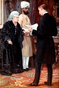 1899年から1901年のボーア戦争中に最前線からの派遣を聞いているビクトリア女王。 作： Unbekannt