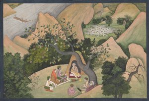 バラドヴァージャのエルミタージュでのラーマ、シーター、ラクシュマナ: 挿絵入りのフォリオ 1780年。