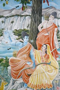 Rama、Sita、Laxmanの3人です。ネパール、カトマンズ、パシュパティナ（Pashupatinah 作： Unbekannt