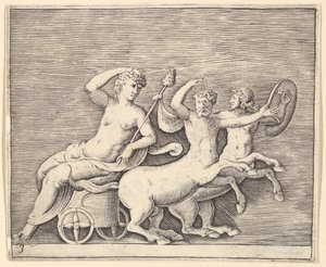 2つのケンタウロスによって描かれた戦車のリクライニング女性フィギュア、ca。 1599-1622。
