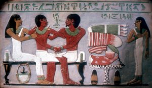 供物、テーベの前に妻と息子と一緒に座っているイムンハットのレリーフ、c2050-c1786 BC 作： Unbekannt