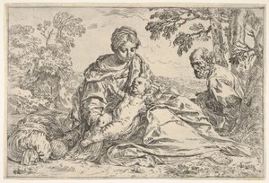エジプトへのフライトで休憩し、マリアが聖ヨセフと一緒に幼児のキリストを抱きしめます。 1640以降。 作： Unbekannt