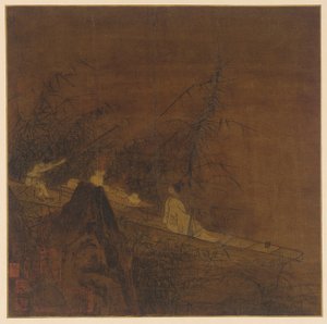 川の情景：野生の竹に囲まれた船、明王朝、1368～1644年。 作： Unbekannt