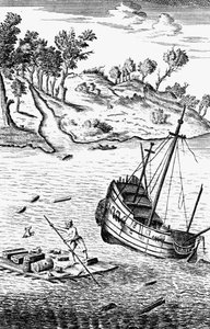 ロビンソン・クルーソーが船の難破船から品物を救う、c1719 作： Unbekannt