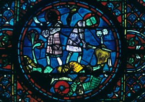 ローランドは剣を折って角を鳴らし、ステンドグラス、フランス、シャルトル大聖堂、1194-1260
