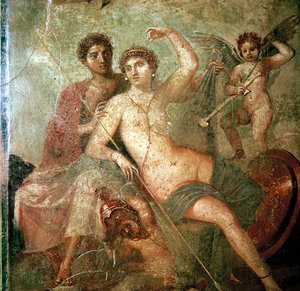 キューピッド、ヴィーナス、マルス、ポンペイ、イタリアのローマの壁画 作： Unbekannt
