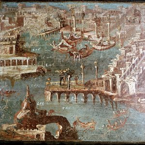 イタリア、ポンペイ近郊の港のシーン、スタビアエのローマ時代の壁画 作： Unbekannt