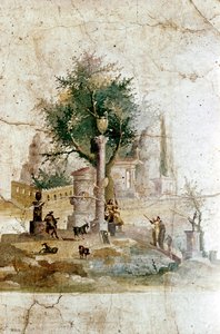 イタリア、ポンペイ近郊のアグリッパ ポストゥムスのヴィラ、神話の風景を描いたローマ時代の壁画 作： Unbekannt