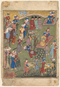 Shahnama ...、1444年の二重ページのフロントピースからの庭園の直腸の王室の饗宴。 作： Unbekannt