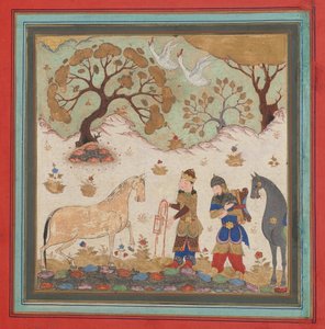 Rustam は、15 世紀半ばの Shahnama Book of Kings から Rakhsh、Folio をキャプチャします。 作： Unbekannt