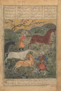 Rustam は Shahnama Book of Kings から Horse Rakhsh、Folio をキャプチャします...、15 世紀後半。 作： Unbekannt
