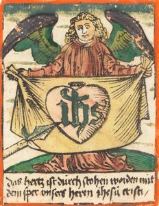 天使が保持する聖なるハートの聖なるモノグラム、c. 1480年。 作： Unbekannt