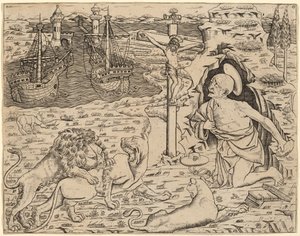 悔い改めの聖ヒエロニムス、港に 2 隻の船、c. 14801500。 作： Unbekannt