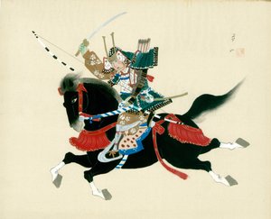 馬に乗った武士。伝統的な和風の絹の日本画 作： Unbekannt