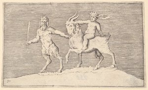 幼児が乗るSatyr Leading Goatは、ca。 1599-1622。 作： Unbekannt