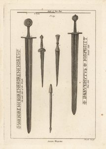 サクソンの武器：古代の鉄剣1,2、リンカンシャー州ワイサム川で発見されたディルクやダガー3,4、エセックス州ダンベリーのキャンプで発見されたクロスボウのボルト5 作： Unbekannt