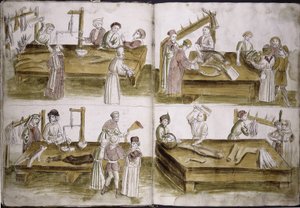 肉屋のいる市場生活の様子：コンスタンツ評議会のUlrich Richental Chronicle、1414-1418 作： Unbekannt