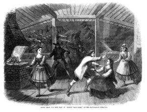 1864年にロンドンのヘイマーケット劇場で上演された劇「サニーヴェイルファーム」のシーン 作： Unbekannt