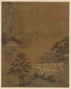 15世紀、明王朝の川沿いのパビリオンに到着する学者。 作： Unbekannt