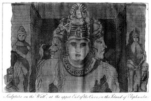 1799年、インド、エレファンタ島の洞窟の上端にある壁の彫刻