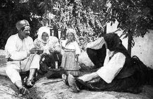 1914年の第一次世界大戦、ボスニアからのオーストリア人のルーティングの物語を語るセルビアの家族 作： Unbekannt
