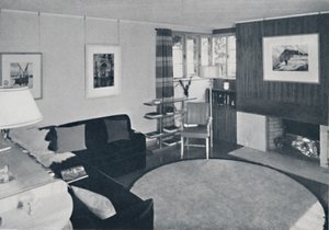 Sewall Smith。ターコイズブルーのサンゴの中にあるニューヨーク州ナイアガラフォールズの建築家の自宅のリビングルーム 作： Unbekannt