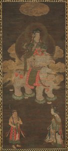 Shakyamuni Triad：ManjushriとSamantabhadra Bodhisattvaが象と一緒に参加した仏、後期1 作： Unbekannt