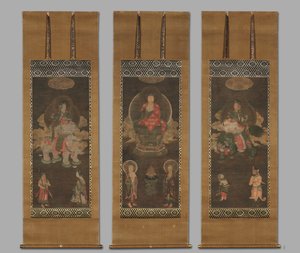 釈迦三尊像: 文殊菩薩と釈迦如来の仏陀、1300 年代後半。