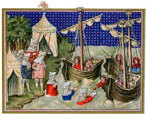 イギリスのホストに食料をもたらす船、アイルランドでのリチャード2世のキャンペーン、1399年、1893年 作： Unbekannt