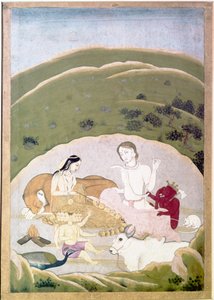 カイラス山でのシヴァとパールヴァティとその子供たち、ガネーシャとカルティクギャ、c1745 作： Unbekannt